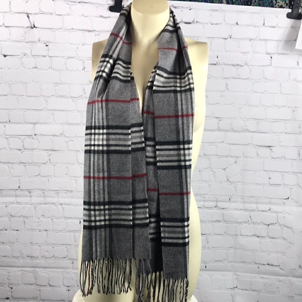 Cashmink by V. Fraas scarf gray red black white plaid EUC